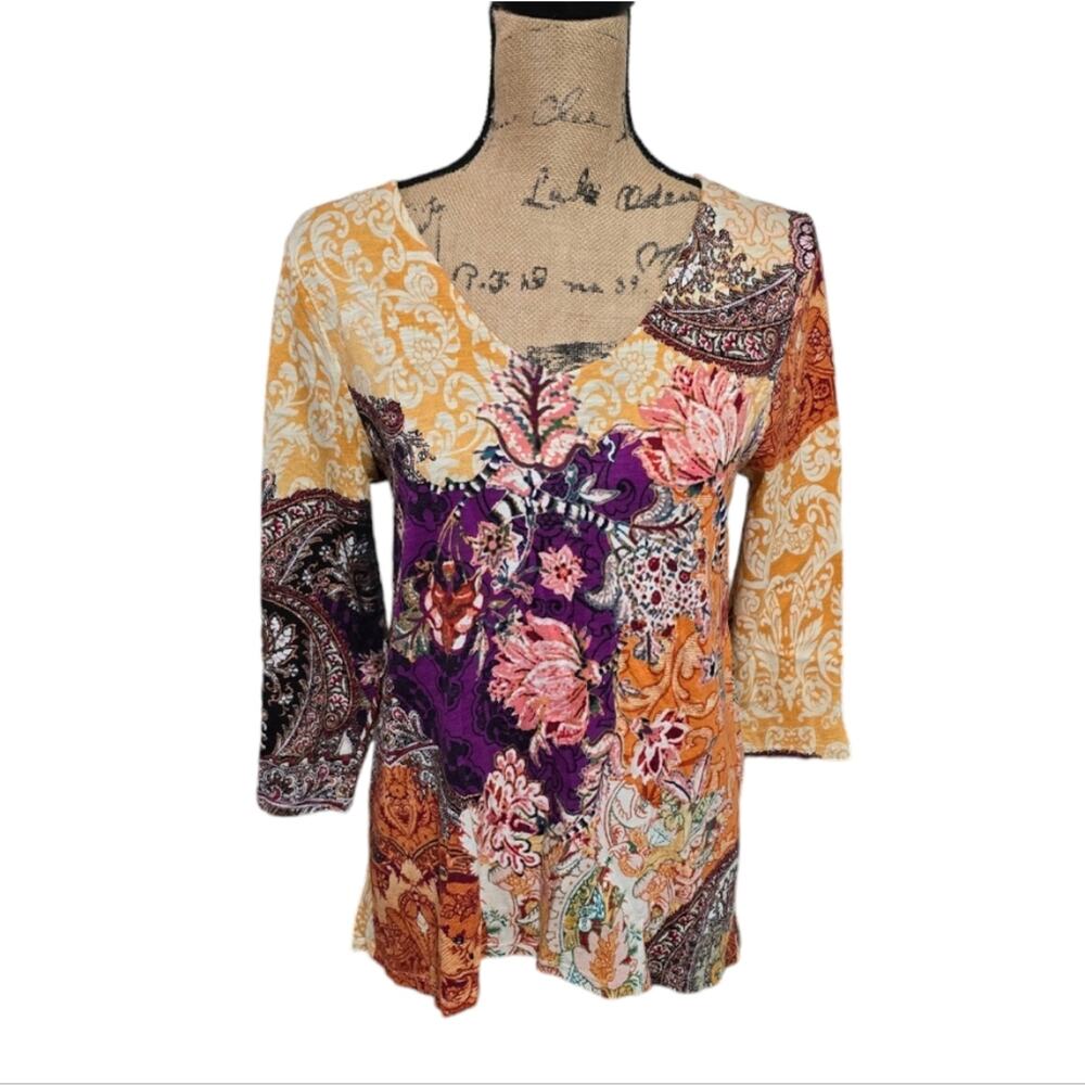 Chico's Floral Patchwork Vibes V-Neck 3/4 Sleeve Tunic Size 0 Small